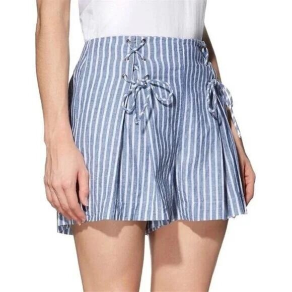 Guess Hermosa Linen Allover Striped Lace Up High Rise Shorts Size Small - Picture 2 of 8